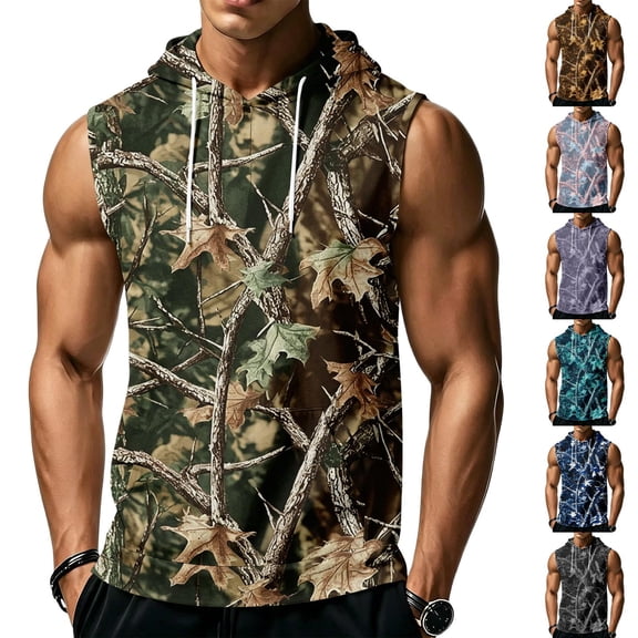 Men’s Athletic Sleeveless Hoodie with Drawstring Hood and Front Pocket Casual Loose Fit Camouflage Patterned Vest Top