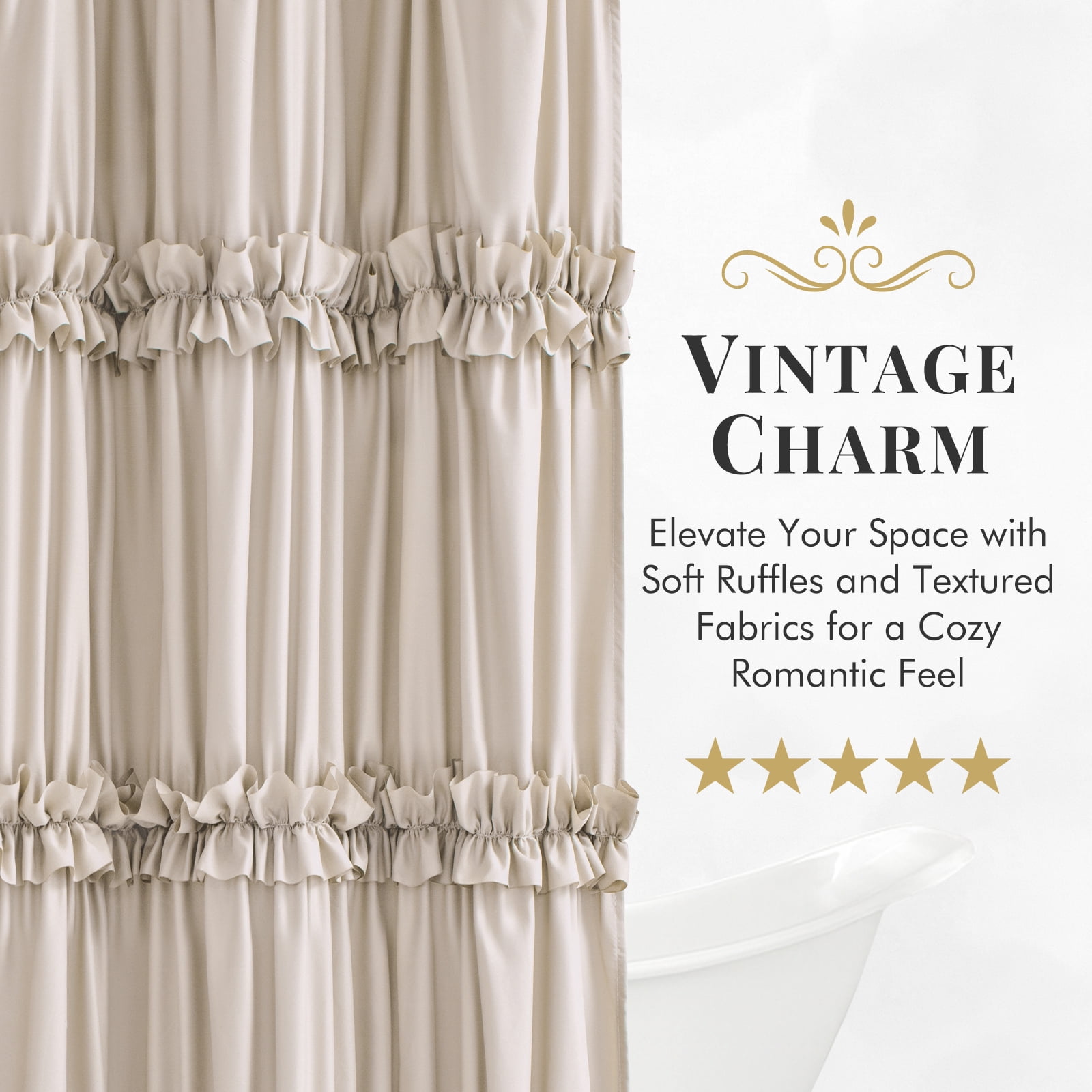 Seasonwood Ruffle Shower Curtain,Tiered Fabric Bathroom Curtain for Farmhouse Decor,Beige,72 x 84 Inch