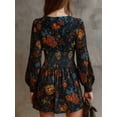 thumbnail image 2 of Black Floral Print Velvet Mini Dress With Smocked Waist And V-Neck, 2 of 2