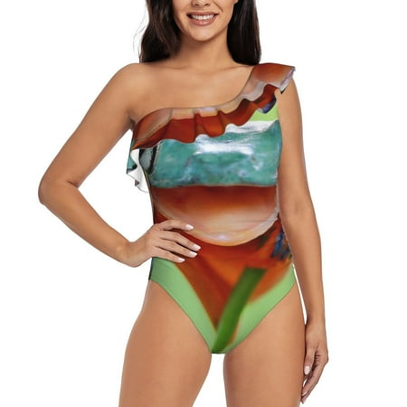 Uemuo Flying Frog On Branch Print Women s One Piece Swimsuit Asymmetrical Neck Bathing Suit One Shoulder Side Cutout Ruffle Swimwear-X-Large