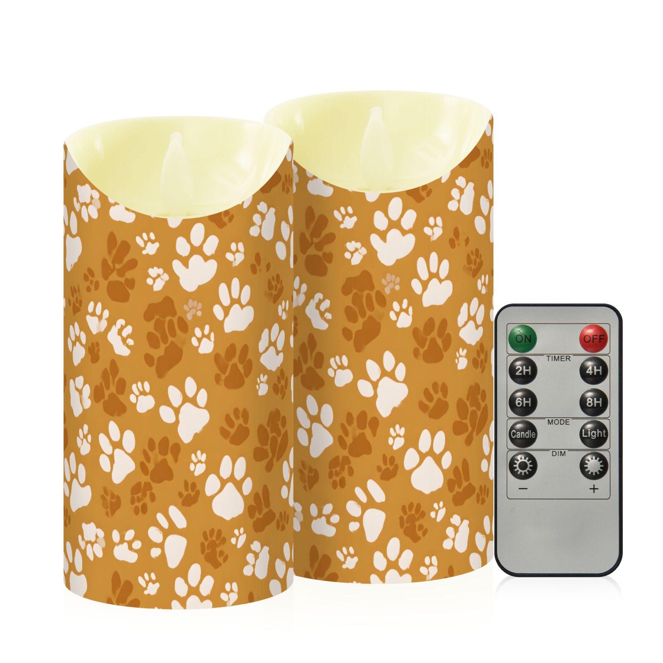 Animal Paw Prints Flameless Candles 2 PCS with Remote Realistic Moving Flame LED Tapered Pillar Set for Home Decor
