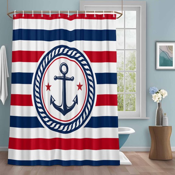 Shower Curtain for Bathroom Nautical Anchor Star Stripe Waterproof Bath Curtains Shower Curtains with Hooks,Coastal Navy Blue Red Line Bathroom Curtain Privacy Drapes for Bathtubs Toilet 72x72in