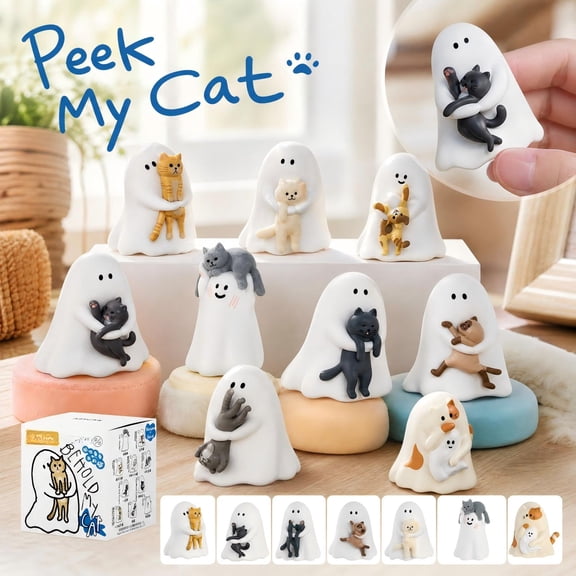 Ghost Holding Cat Blind Box Figures Set of 2, Cute Resin Desk Decor for Cat Lovers and Office Spaces, Unique Birthday Gifts for Women 2Pcs