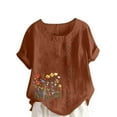 thumbnail image 2 of HOMBOM Cotton Linen Shirts for Women Button Short Sleeve Spring Brown Crewneck Womens Blouse Casual, 2 of 5