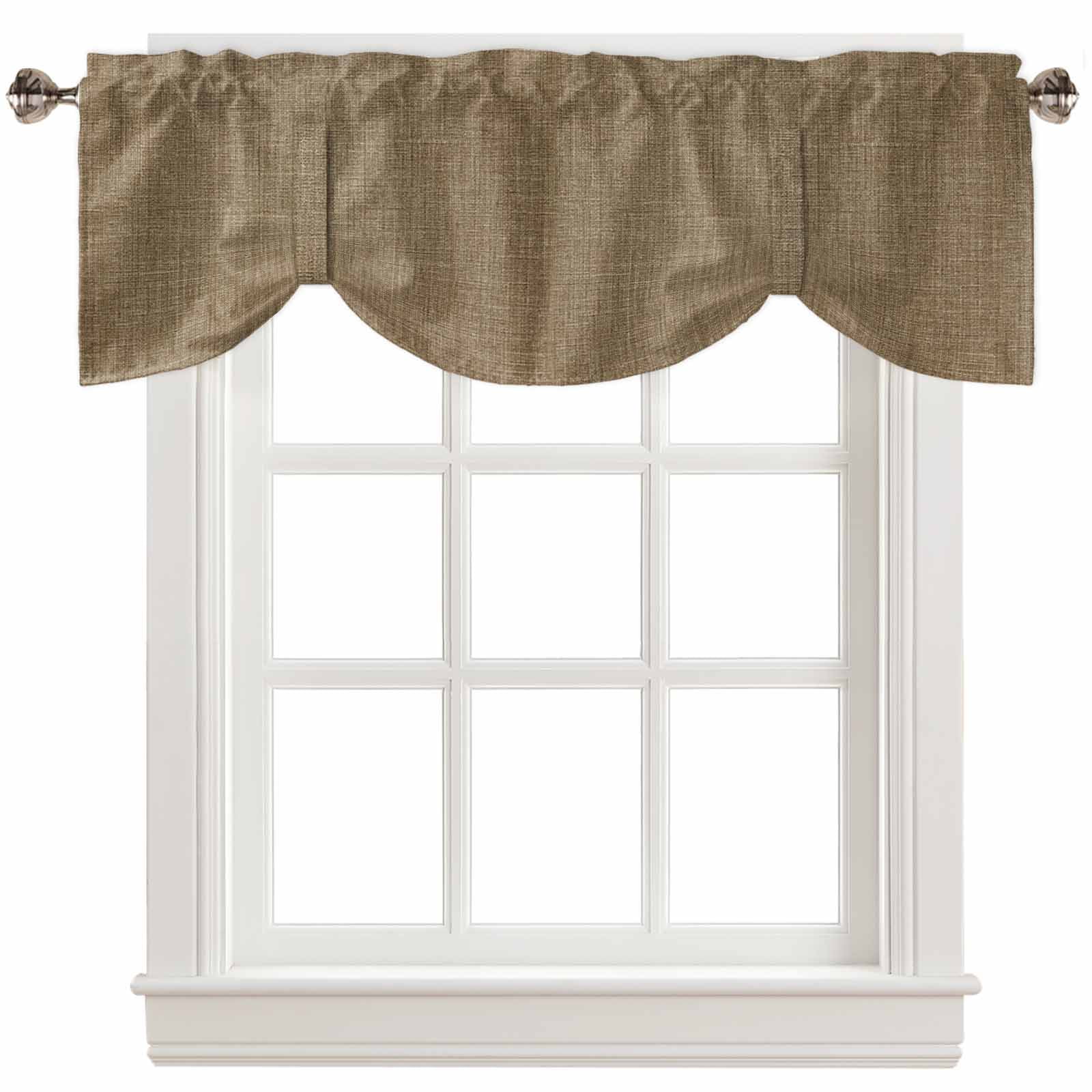 Tie Up Valance Curtain for Kitchen,Farmhouse Brown Rod Pocket Short Curtains Adjustable Tie-Up Shade Valances,Vintage Linen Window Treatment for Bathroom Living Room Bedroom