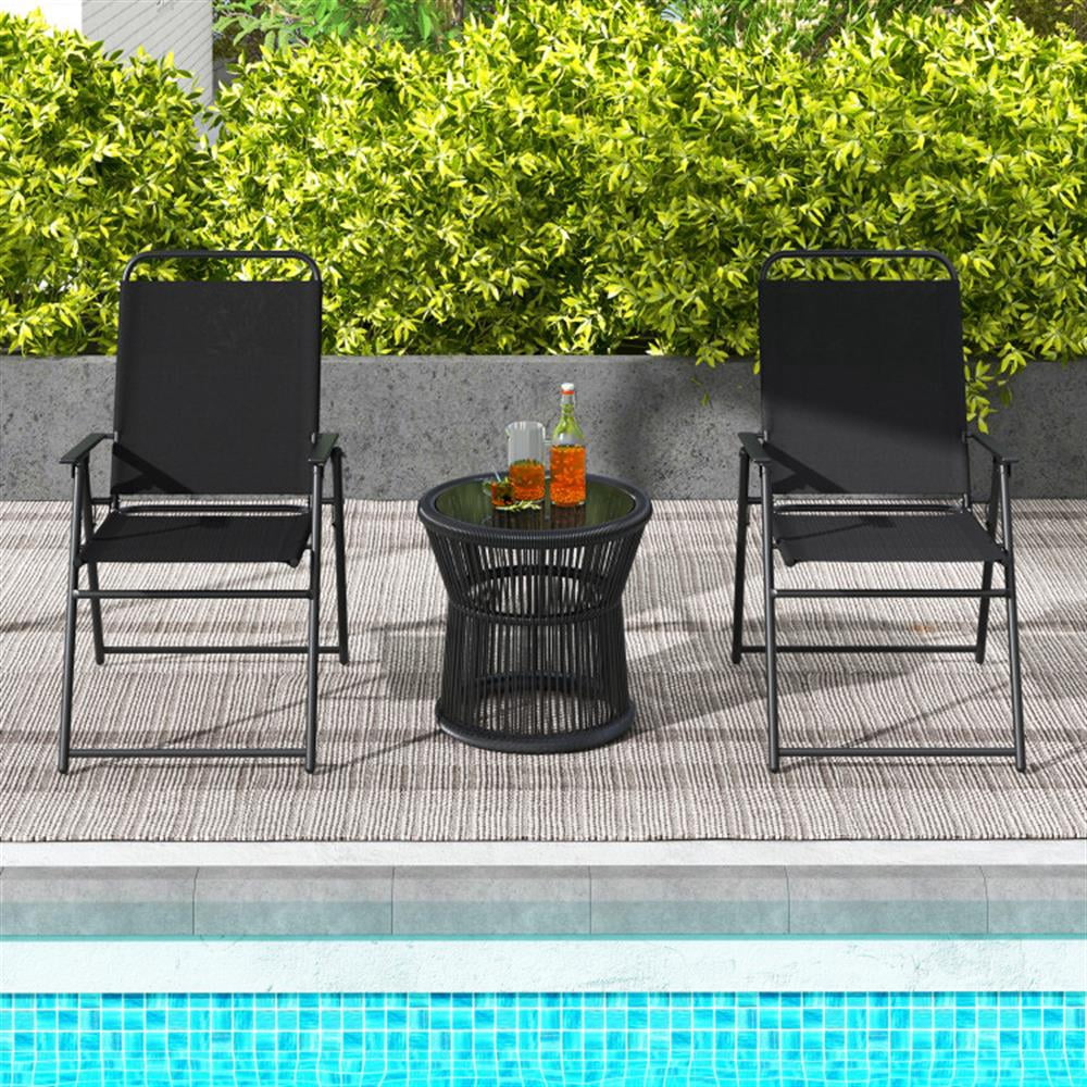 Topcobe Outdoor Folding Sling Chairs Set of 4 with Armrest and Backrest, Outdoor Patio Furniture for Garden Backyard Pool Deck-Black