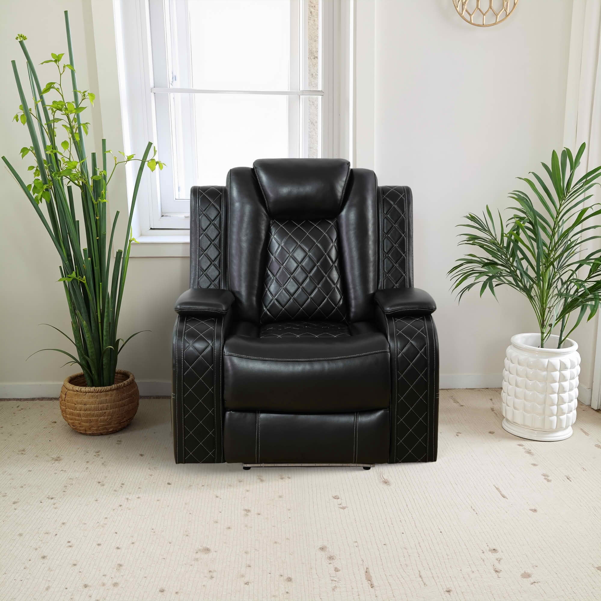 MAYEERTY 37.5 Inch Black Breathing Leather Recliner Sofa, Intelligent Functional Couch with USB & LED for Living Room