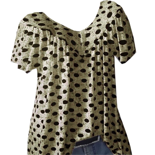 Minnieouse Camiseta Cuello en V Blusa de manga corta Estampado Mujer Suelta Mujer Suelta Top de verano Prendas para la parte del cuerpo Caqui S Minnieouse AP001865-17