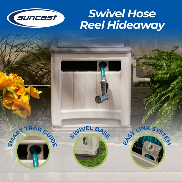 Suncast Swivel Smart Trak Hose Hideaway 225 Foot Hose Reel Storage Bin,  Taupe 