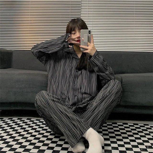 Pijama de algodón para mujer, ropa de dormir con estampado de letras y rayas, estilo lujoso, informal, para el hogar, Primavera