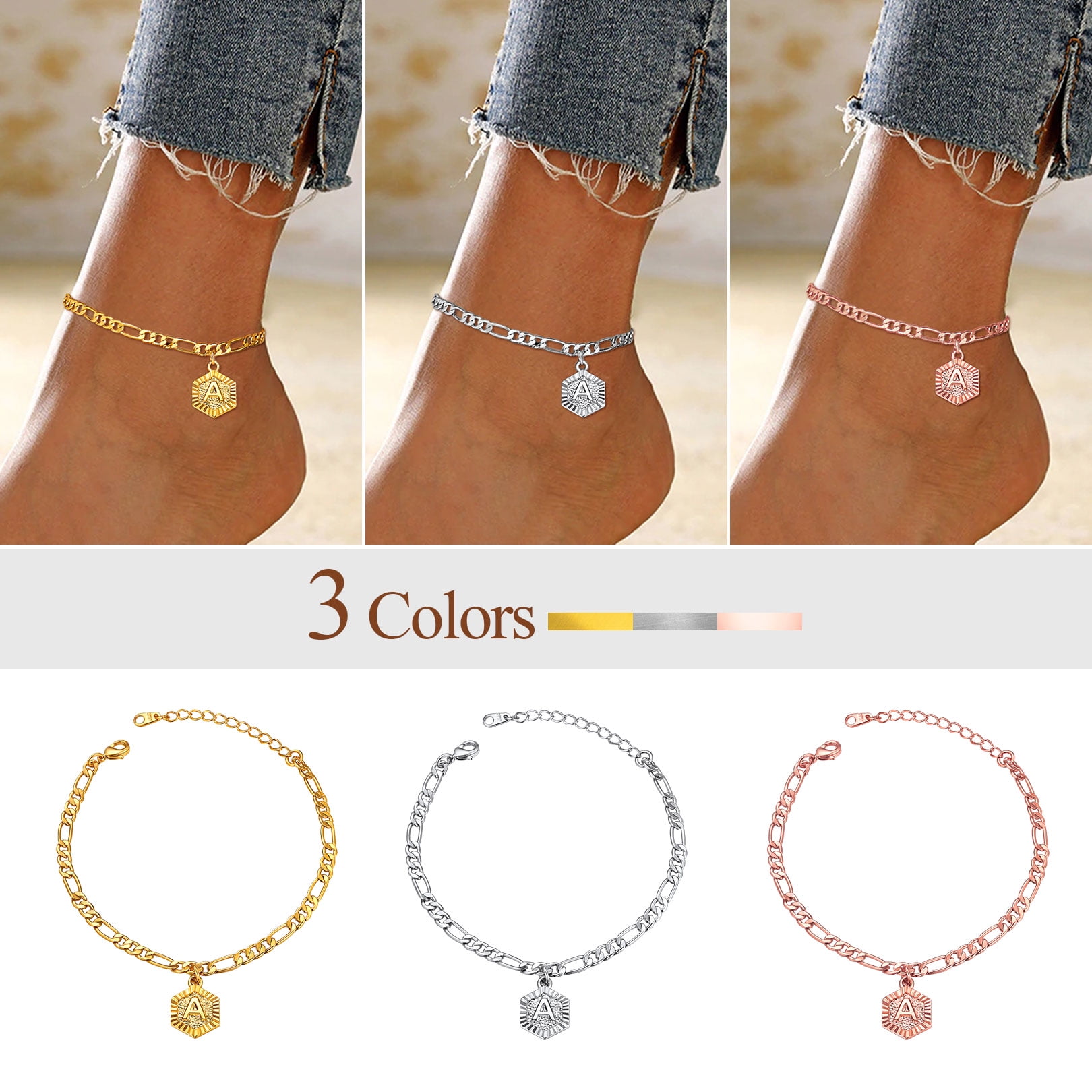FOCALOOK Initial J Anklets for Women, Large Plus Size Figaro Chain Ankle Bracelets, Hexagon Letter Charm Summer Beach Pool Waterproof Foot Jewelry 8.5-10.5inch