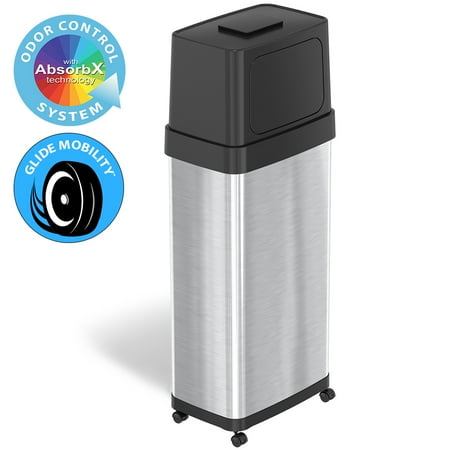 iTouchless Dual Push Door Kitchen Trash Can with Wheels and Odor Filter 24 Gallon Rectangular Stainless Steel