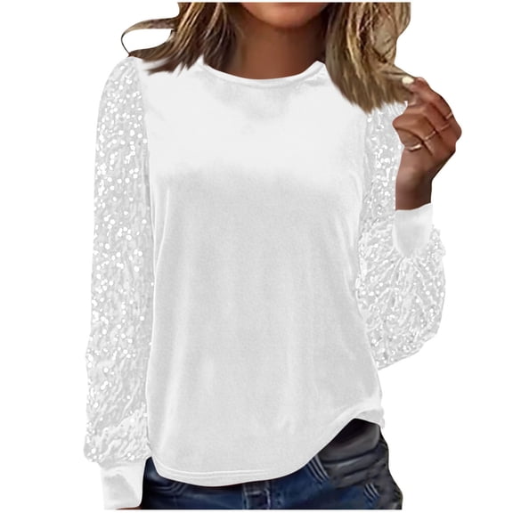 HongQid Womens Velvet Crewneck Sequin Long Sleeve Casual Patchwork Sparkle Shimmer Pullovers Sweatshirt