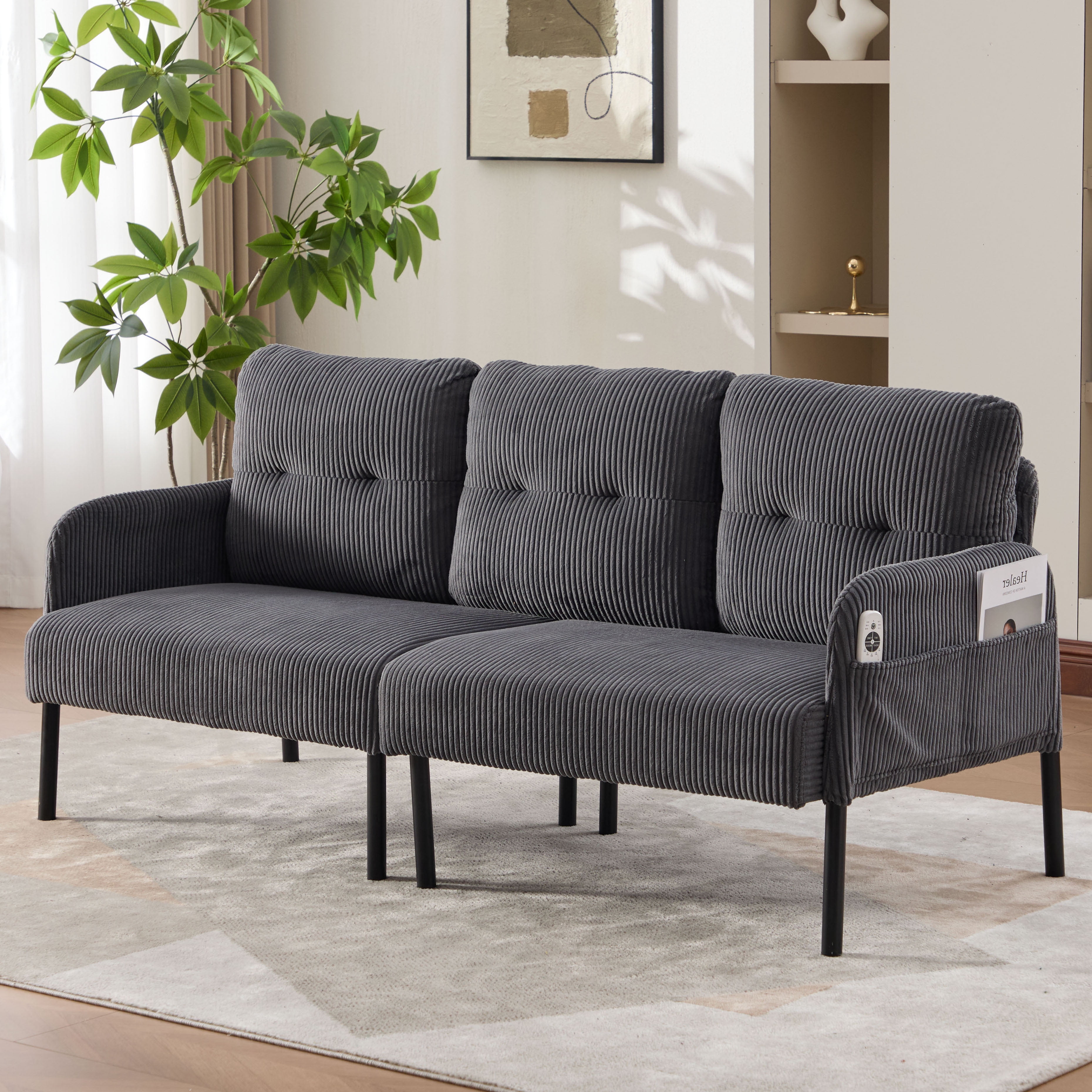 S-HOME Modern Plush Corduroy Upholstered Loveseat with Dual Side Pockets and Metal Legs, Sofa for Apartment, Carbon Gray