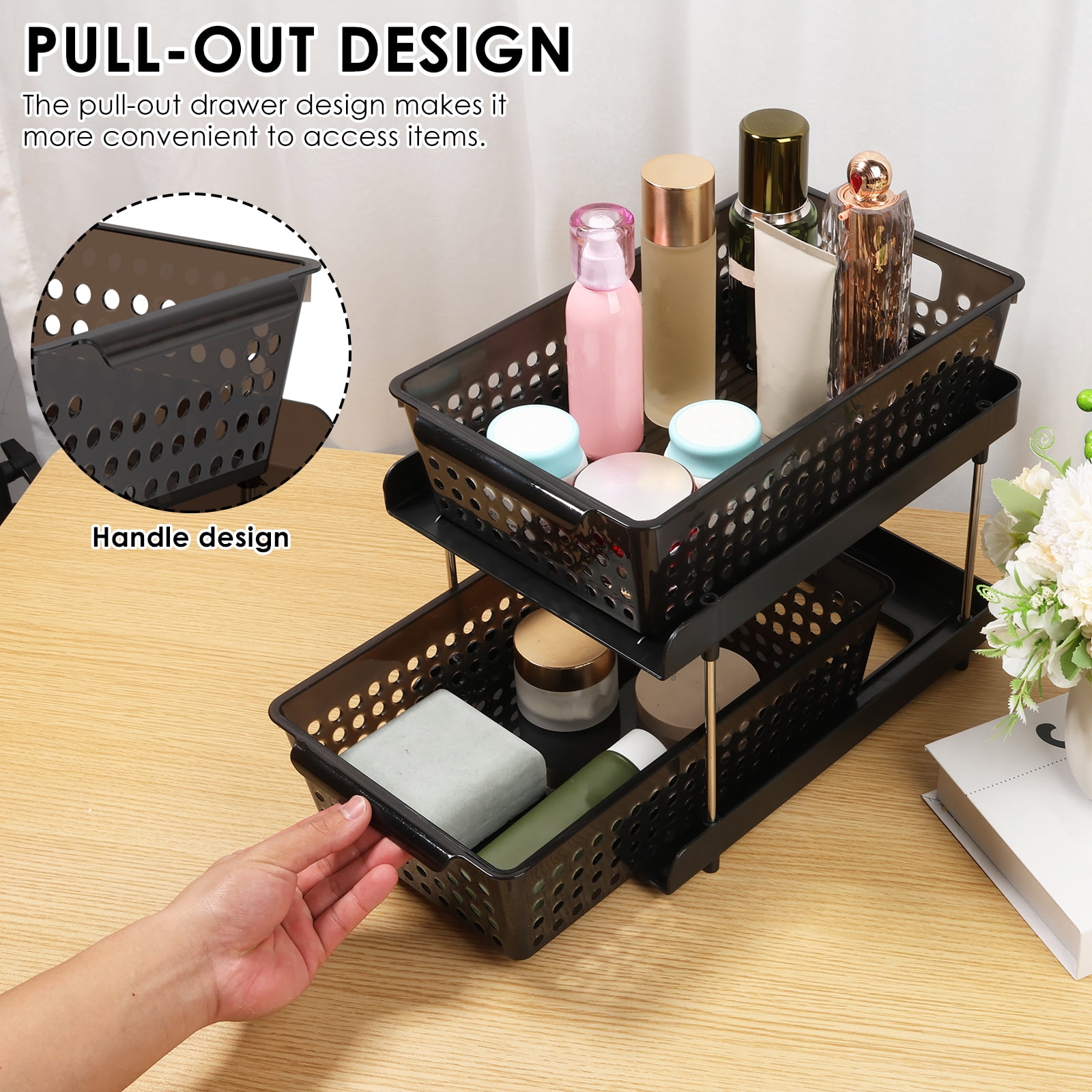 Dznils 2-Tier Under Sink Organizer and Storage, Pull Out Stackable Bathroom Cabinet Organizers Black