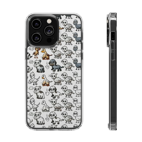 DistinctInk Hybrid (Acrylic / TPU) Clear Slim Fit Case for Apple iPhone 15 Pro MAX (6.7" Screen) - "Whimsical Animal Fun: Repeating Cartoon Pattern"