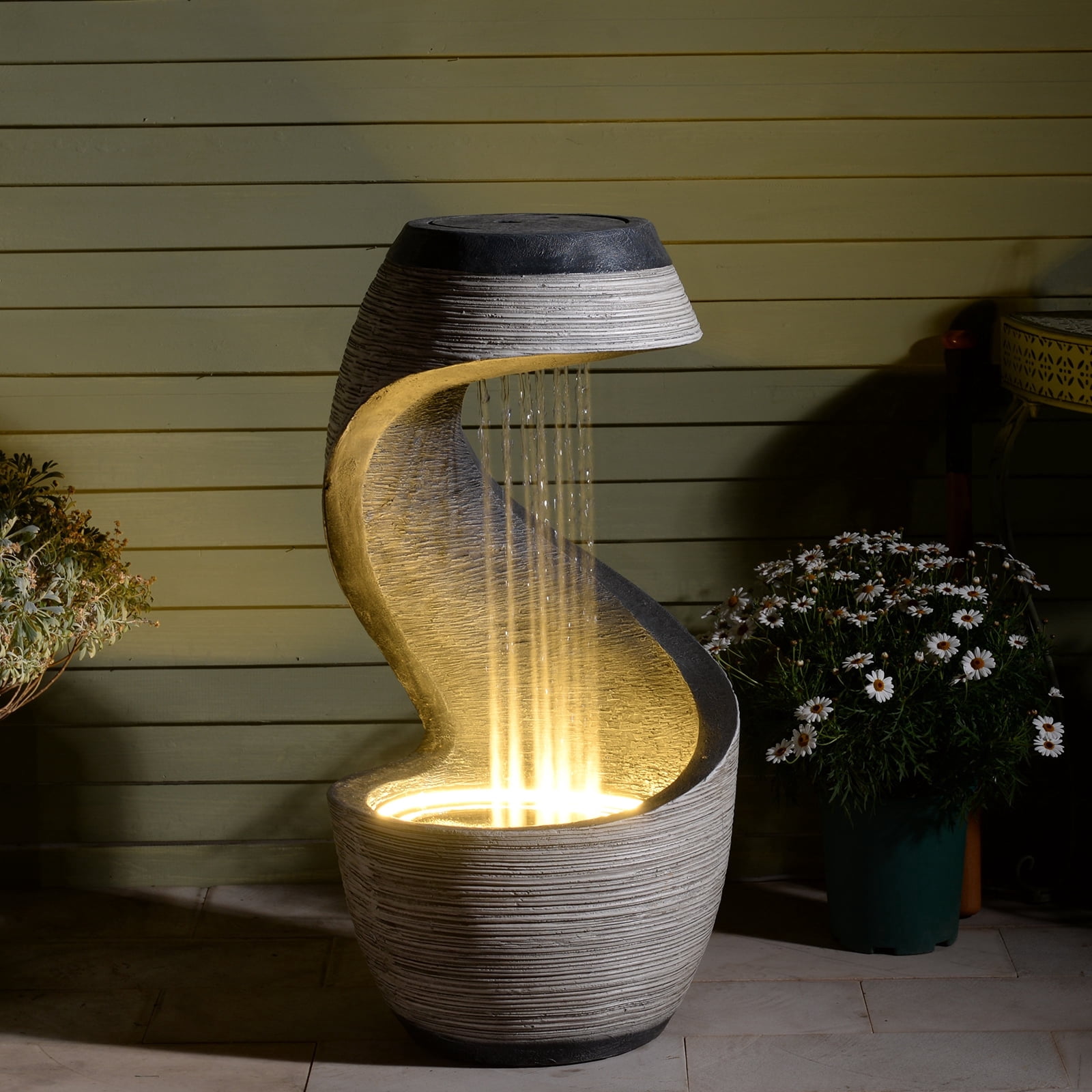 Outdoor Water Fountain 37" Tall S-Curve Floor-Standing Rainfall Fountain Garden Waterfall Feature with LED, Garden Patio Porch Yard Decor, Outdoor Water Feature with Flat Top for Plant, Resin