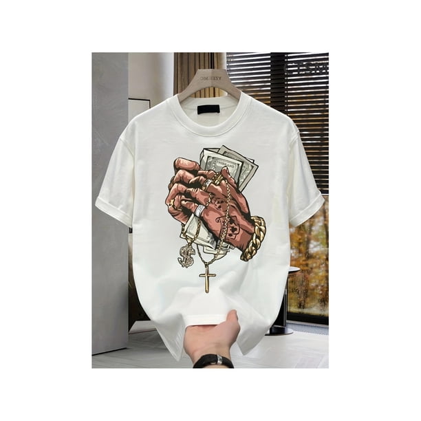 Men's Loose Fit Graphic T-shirt Bold Money Cross Design White Cotton Short Sleeve Casual Streetwear Machine Washable Tee