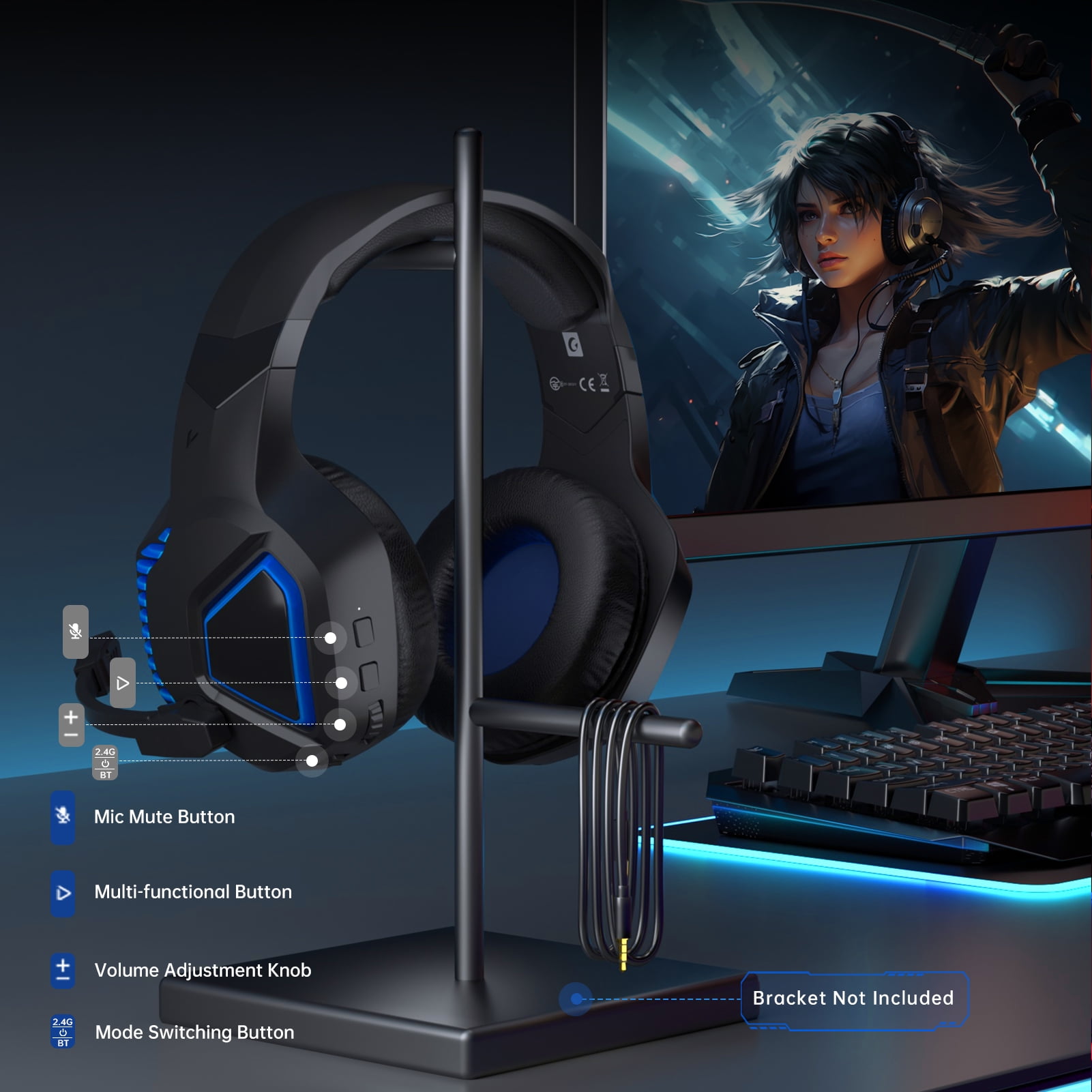 Ecomoment Wireless Gaming Headset 2.4G USB for PS5 Switch PC Mac,Bluetooth 5.2 Gaming Headphones with Microphone,PS5 Headsets with 3.5mm Wired for Xbox Series,40H Battery,Black&Blue