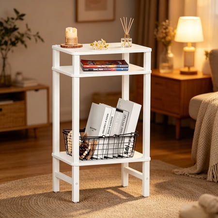LELELINKY 3-Tier Tall Side Table Nightstand for Adult Living Room Bedroom Office White