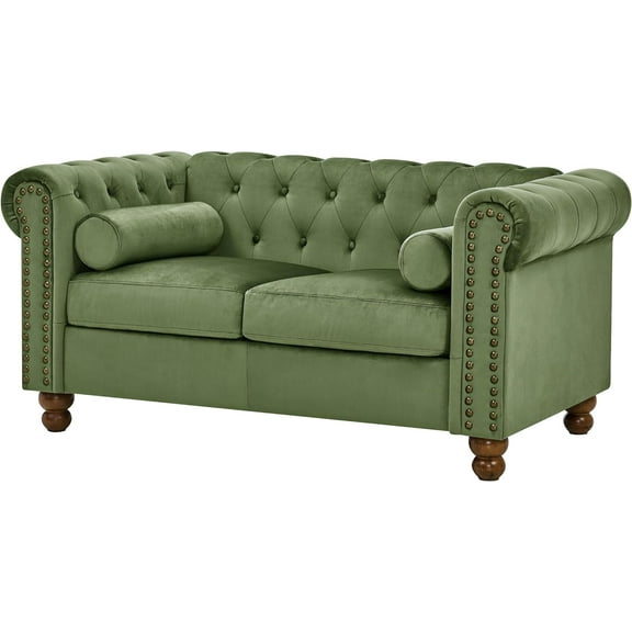 Velvet Chesterfield Loveseat, Tufted 2-Seater Sofa Couch with Nailhead Trim and Rolled Arms for Living Room Office Décor Green