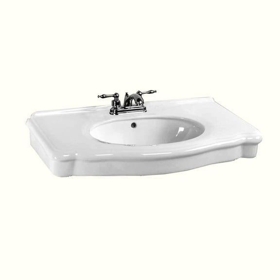 Darbyshire Wall Mount Bathroom Pedestal Sink Basin Part 34" Wide White Heavy Duty Ceramic Sink w/Backsplash, Overflow and Centerset Faucet Holes Renovators Supply