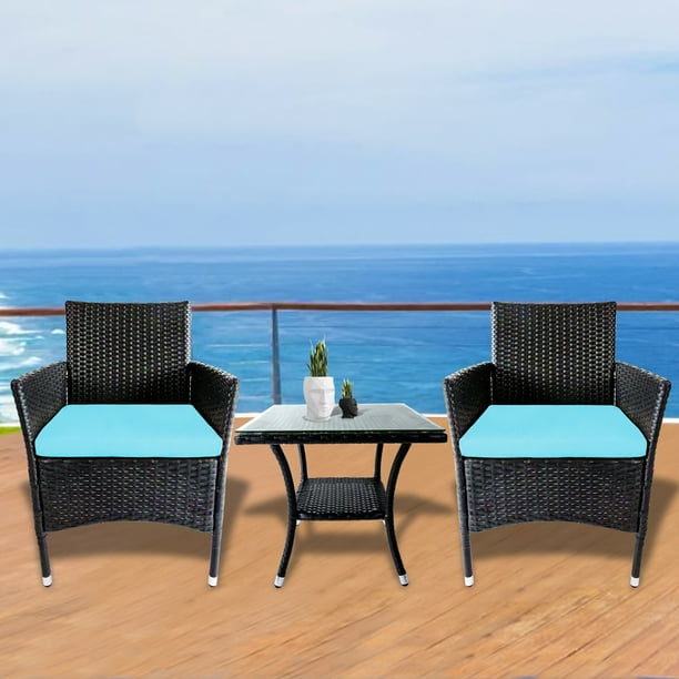 Outdoor Wicker Chairs Set 3pcs Patio Conversation Set With Glass Table And Thick Cushion Weather Resistant Patio Furniture For Backyard Porch Beach Dark Coffee Rattan Blue Cushion Ja3114 Walmart Com