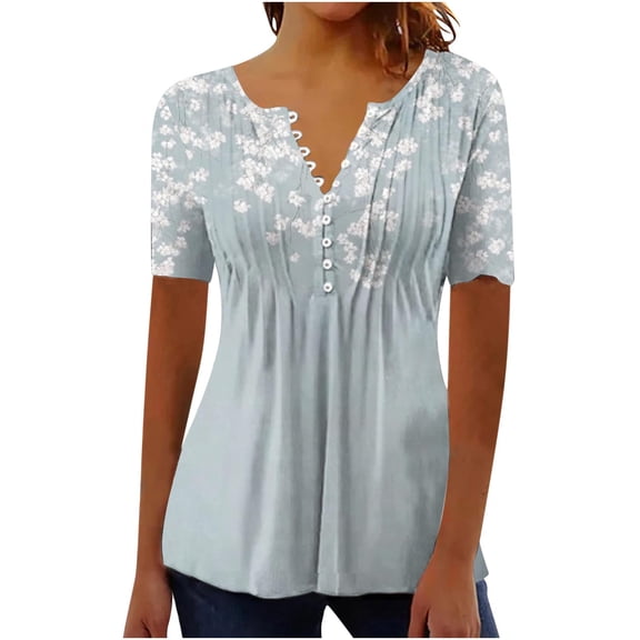 purcolt Womens Floral Print Boho Shirts Dressy Casual Short Sleeve V Neck Pleated T Shirts Summer Beach Tunic Tops