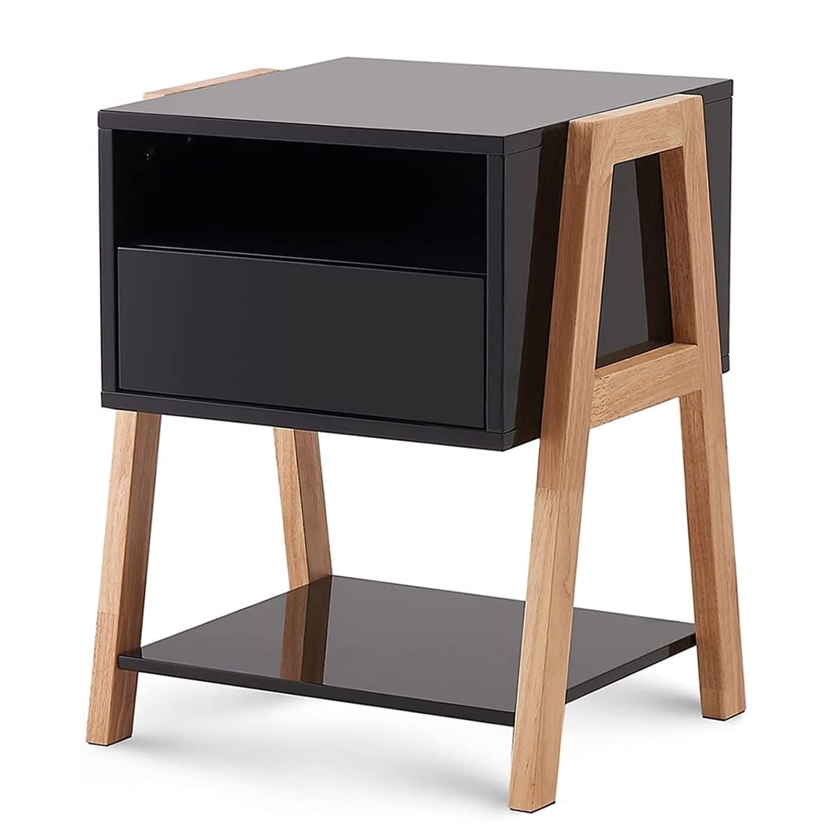 Wooden Nightstand Modern Style Bedside Table 1 Drawer 2 Shelves End