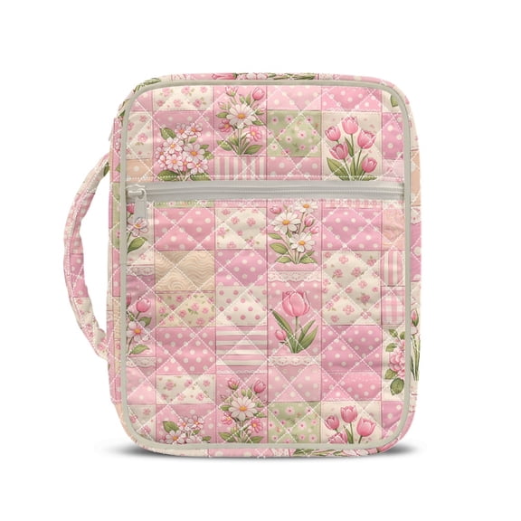 HELLHERO Durable Handle Quilted Bible Cover for Women, Lightweight Soft Bible Cover Case Polyester Bible Carrier Tote Bag Pink Floral Patchwork Print