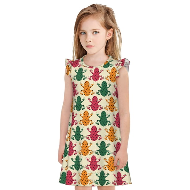 Balery Colorful Frogs Camisón de princesa para niñas, pijama de algodón con mangas abullonadas, suave y bonito.-Small