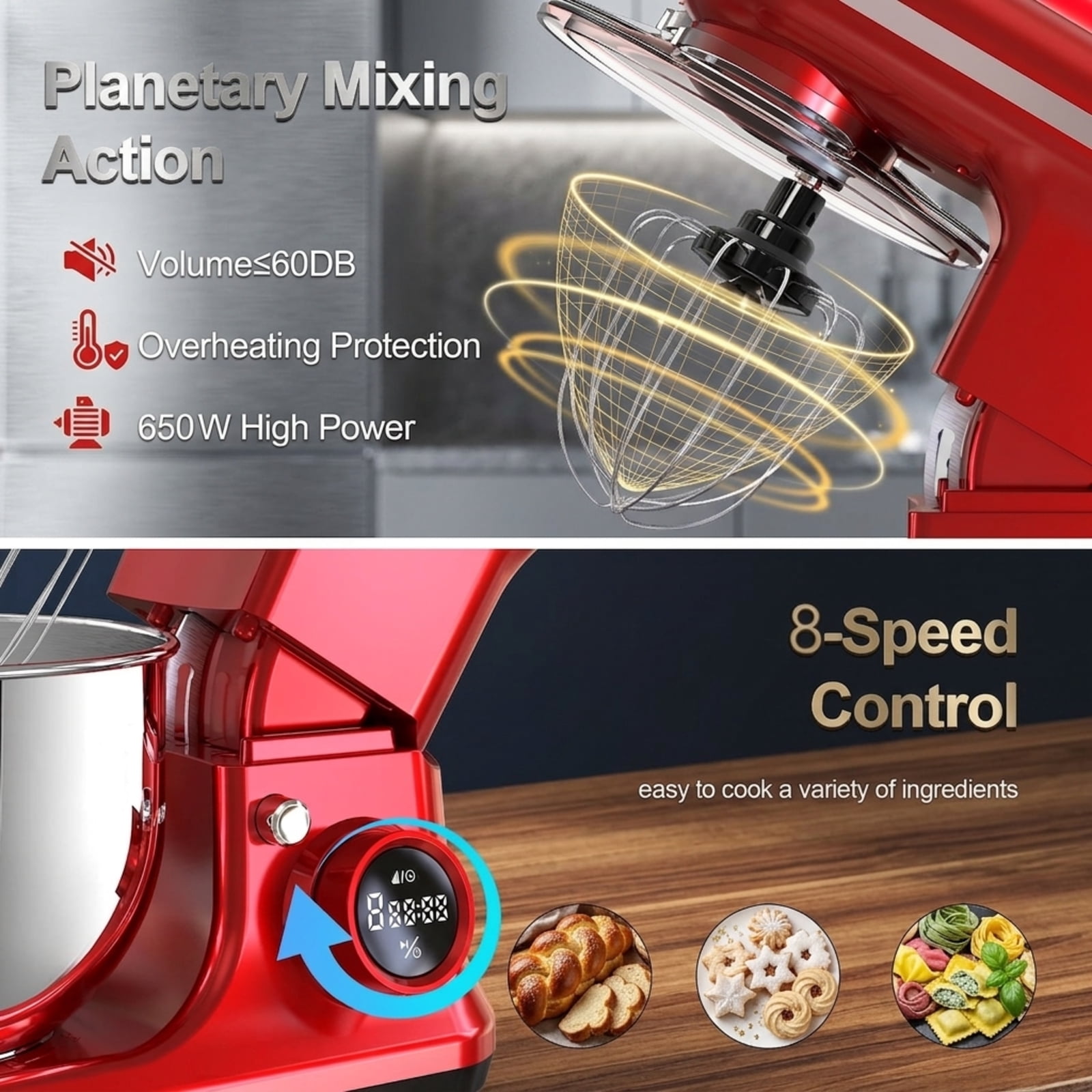 Fenbeli 5.3Qt Stand Mixer with LCD Timer Control, Powerful Electric Kitchen Mixer with Dough Hook, Wire Whisk and Flat Beater, Red