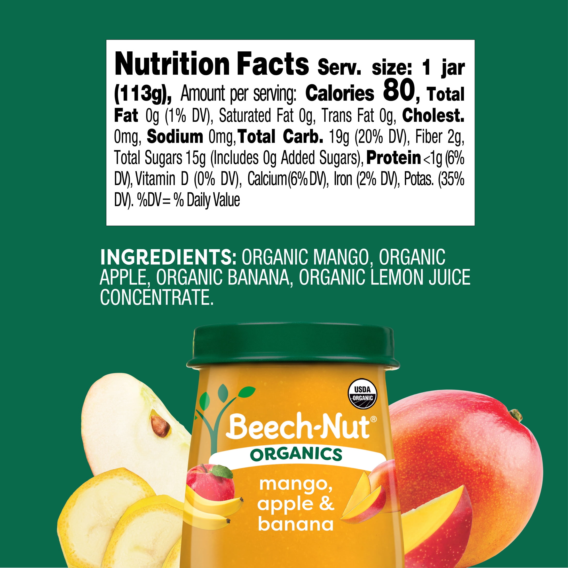 (10 pack) Beech-Nut Organics Stage 2 Organic Mango Apple & Banana Baby Food, 4 oz Jar