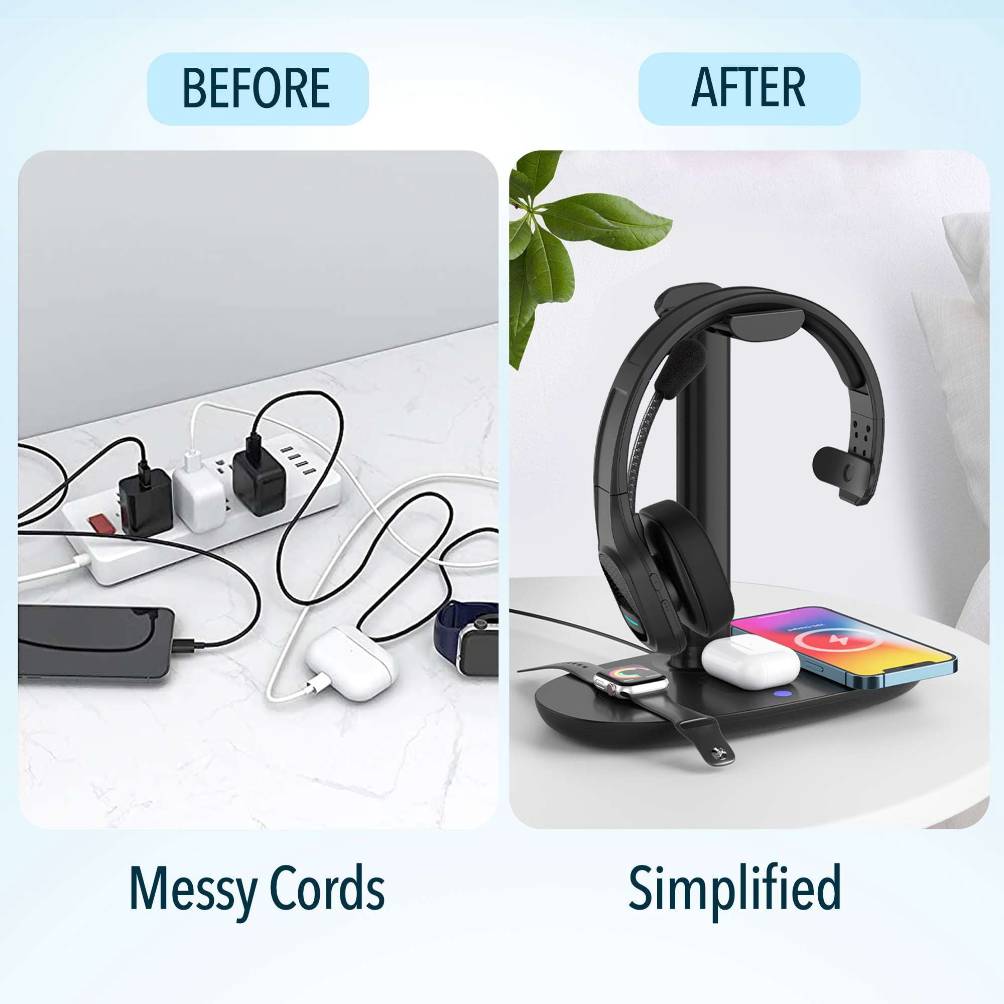 Delton Wireless Computer Headset And Qi Charging Stand, 2.4G USB Bluetooth Headphones with Microphone for PC, Laptop & 20W Charging Stand for Smartphones, Earbuds, and Smartwatches