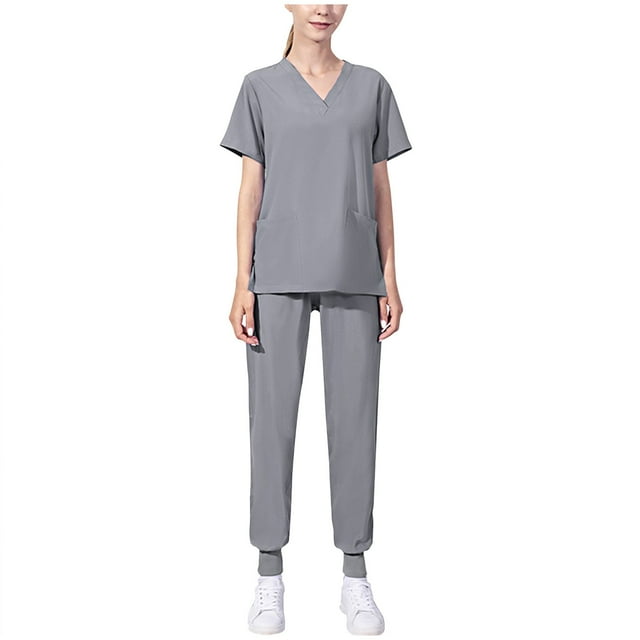 Tumotour Ensembles d'Uniformes de Soins Infirmiers pour Femmes Ensemble de Blouses Médicales Uniforme de Soins Infirmiers Extensible Solide Évacuant l'Humidité Facile à Entretenir Hauts à Manches Courtes Col en V avec Poches Pantalons de Jogging Ensembles de Survêtements