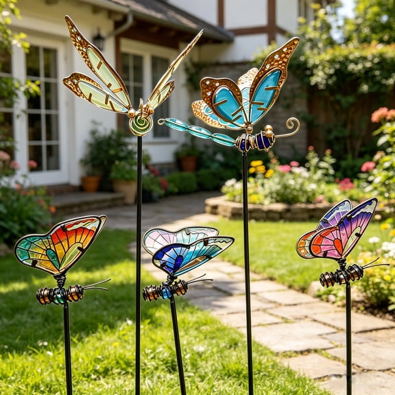 Butterfly Garden Stakes Luminous Glass Metal Art Decorative Garden Stakes For Garden Flower Pot & Arrangement Decor