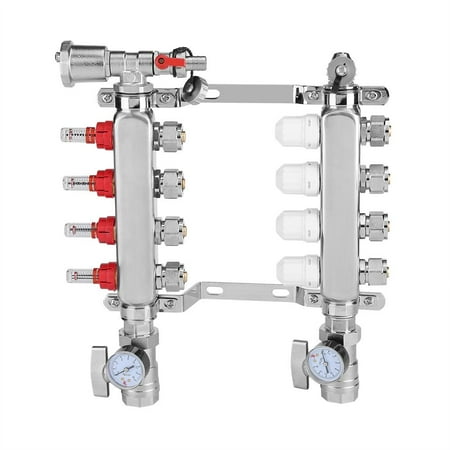 4-Branch Stainless Steel Floor Heating Manifold Set Adjustable Flow Valves Heating System