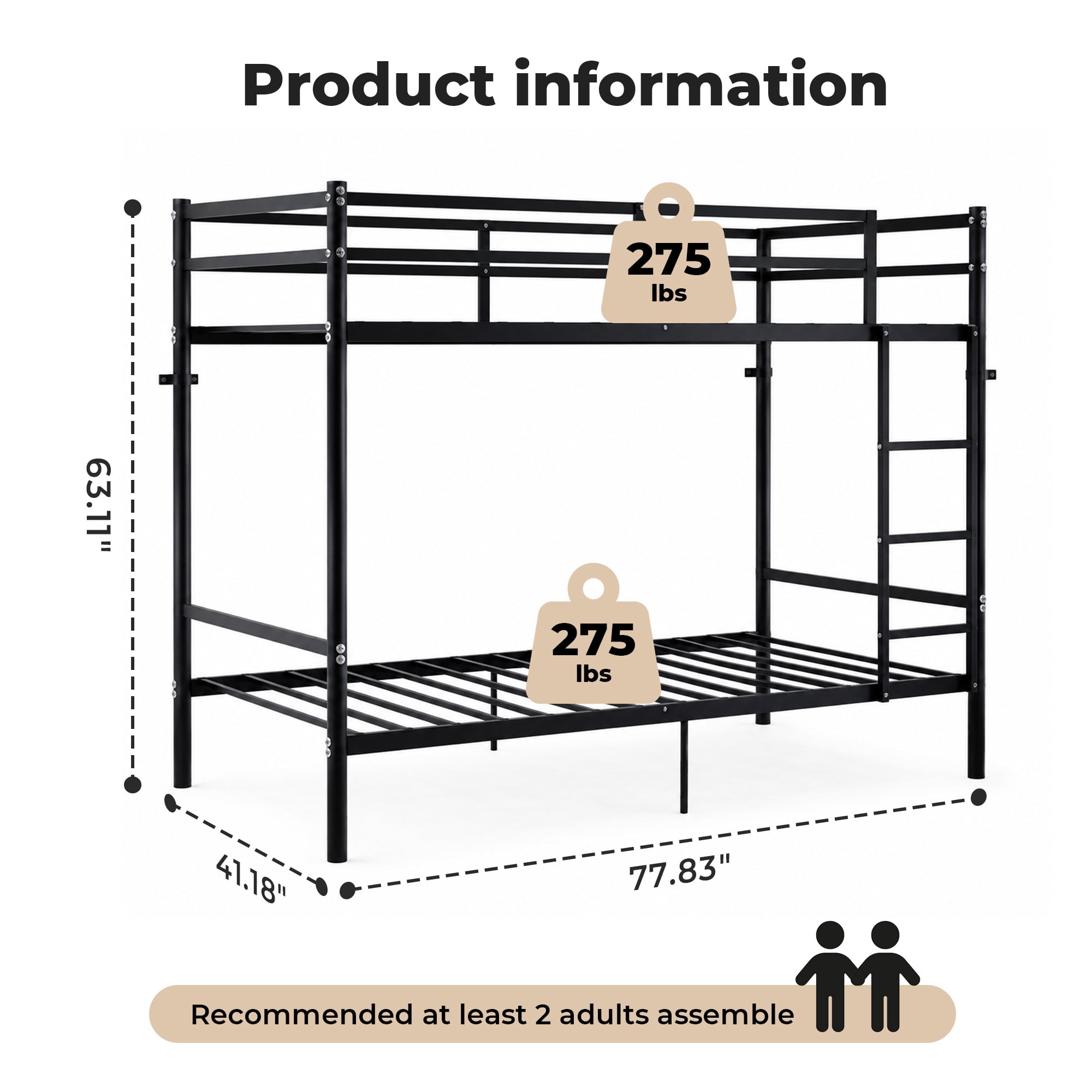 Alvantor Bunk Bed Twin over Twin, Metal Bunk Bed for Kids with Ladder and Anti-tip Bracket Black