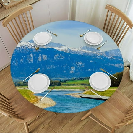 

Round Vinyl Fitted Tablecloth with Flannel Backing Elastic Edge Design Table Cover Waterproof Oil-Proof Plastic Table Cloth Stain-Resistant Wipeable for Round Table
