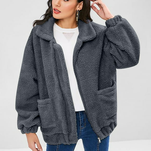Aboser Womens Warm Fleece Jacket Coat Thick Sherpa Jackets Zipper Up Winter Coats Solid Long Sleeve Outerwear Fuzzy Plush Jacket with Pockets Dark Gray L