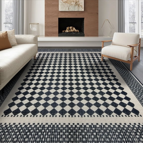 ODIKA 8'x10' Washable Area Rug Non-Shedding, Easy Care, Checkered Geometric Dot Interlocking Border Entry Music Long for King Size Bedroom Under Bed, Master Suite