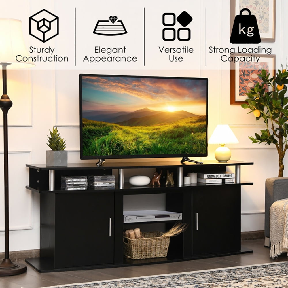 Finihen TV Stand, TV Cabinet, 63 Inch TV Entertainment Console Center with 2 Cabinets, Media Entertainment Center with Storage, for Living Room, Bedroom, Black
