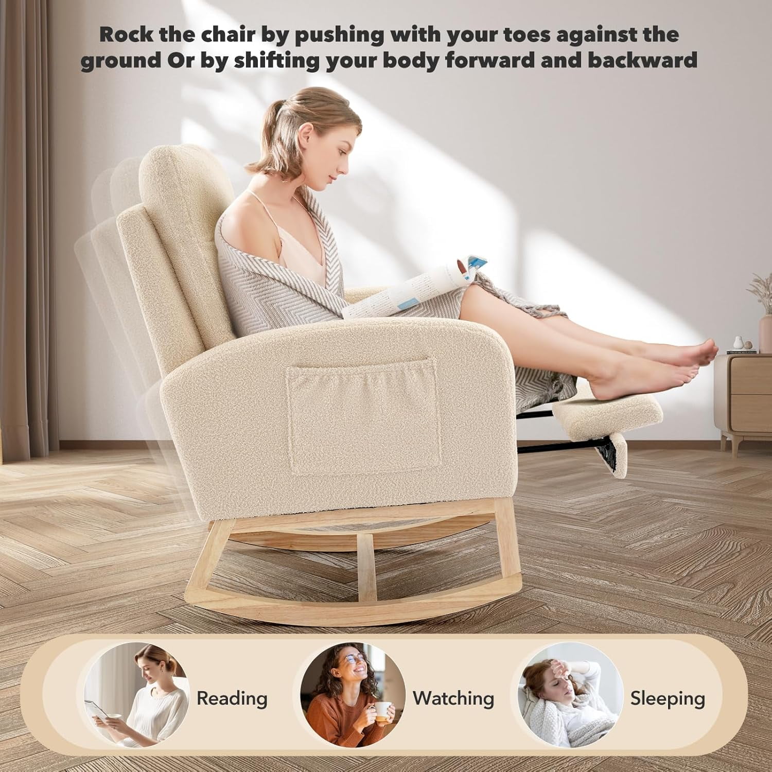Rocking Chair,Nursery Upholstered Modern Glider Rocker with Padded Seat,High Backrest Comfy Armchair with Extendable footStool for Living Room Bedroom Balcony Offices