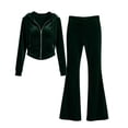 thumbnail image 4 of vdgthytj Tracksuits for Women Set 2 Piece Velour Full Zip Long Sleeve Hooded Jackets Flare Pants Fall Winter Athleisure Outfits(Small,Army Green), 4 of 7