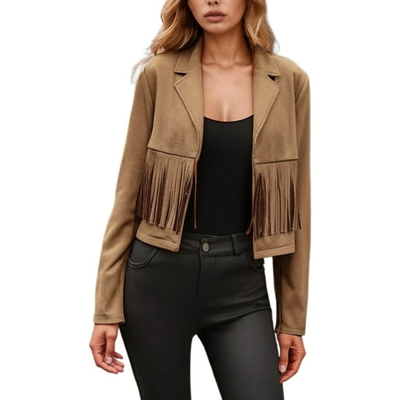 Women's Fringe Trim Cardigan Long Sleeve Open Front Western Concert Jacket Casual Cowgirl Crop Motorcycle Jackets