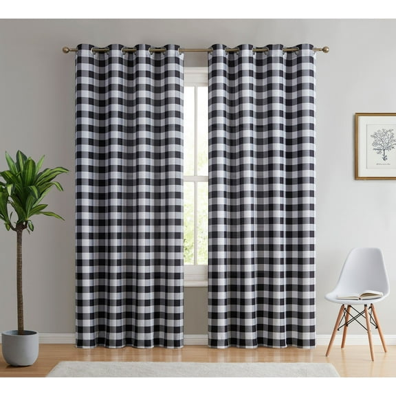 THD Cedar Buffalo Check Textured Light Filtering Grommet Lightweight Curtain Panels, Set of 2