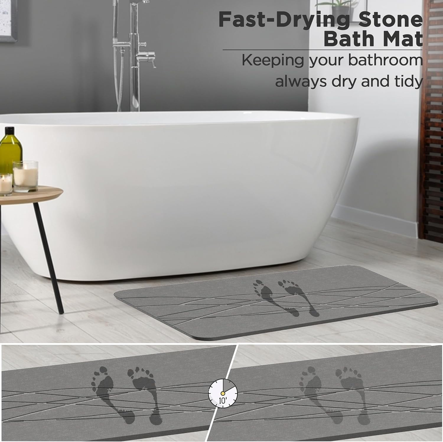 HBlife Stone Bath Mat, Diatomaceous Earth Bath Mat Bathmat, Non Slip Super Absorbent Quick Drying Diatomite Stone Bath Shower Mat for Bathroom, 23" x 15", Gray