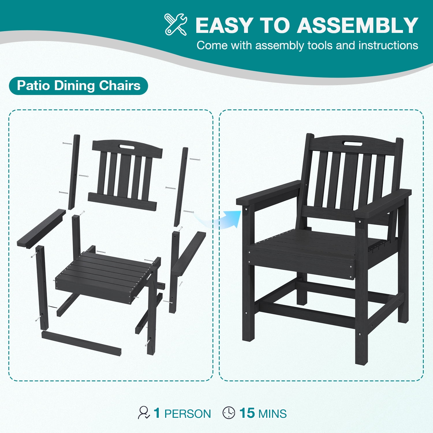 Erinnyees 7-Piece HDPE Outdoor Dining Set, 66.9" Marble Texture Patio Table with Umbrella Hole, and 6 All-Weather Chairs for Yard Deck Porch, Black