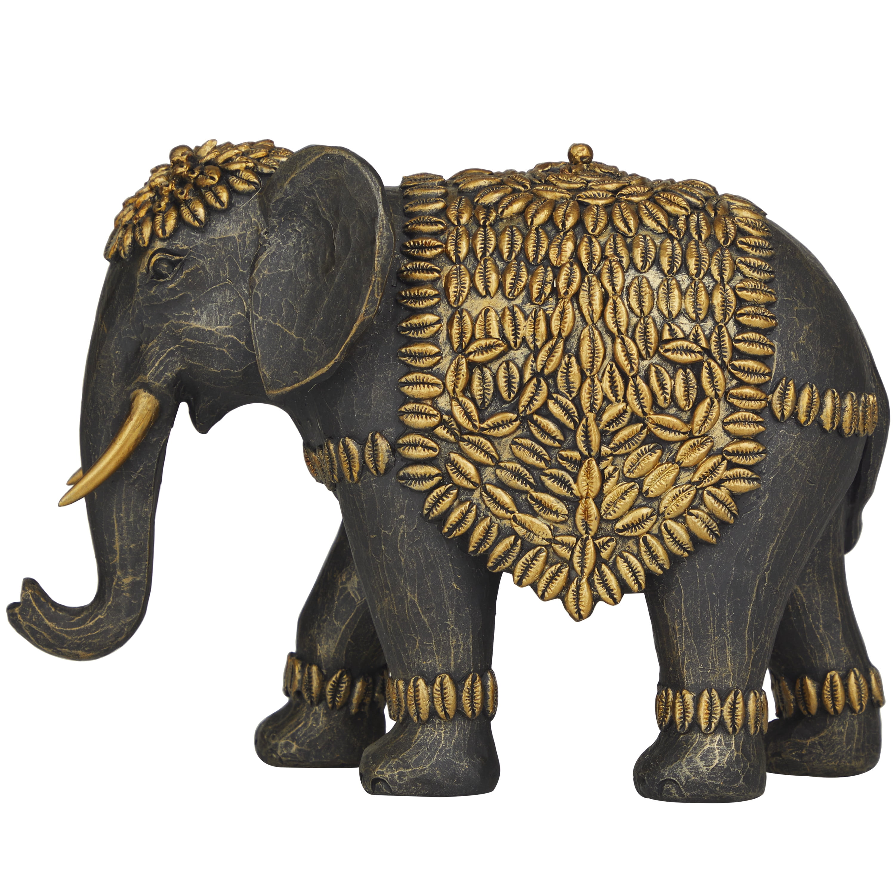 5" x 7" Black Polystone Elephant Sculpture with Cowrie Shell Carvings, by DecMode