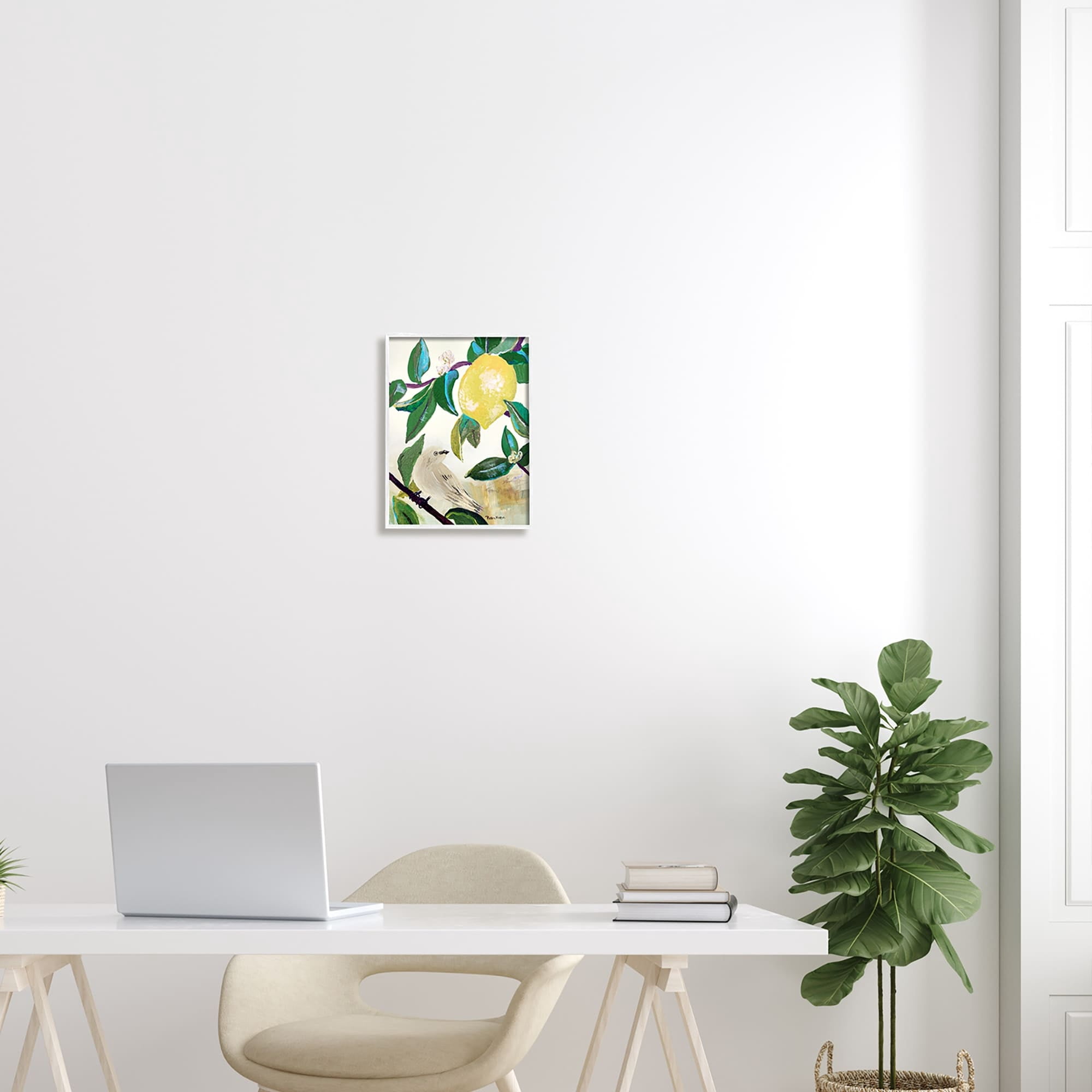 Stupell Industries Vivid Yellow Lemon Citrus Fruit Bird Perched Painting White Framed Art Print Wall Art, Design by Robin Maria